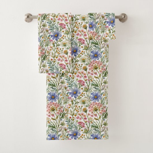 ピンクとブルーの水彩花 バスタオルセット (インサイチュ)