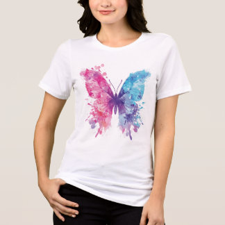 ピンクとブルーの水彩蝶々Tシャツ - ソフト トライブレンドＴシャツ