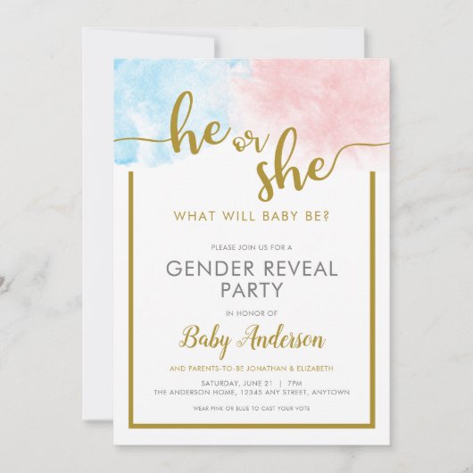 ピンクとブルーの水彩 ゴールドスクリプト 性別発表 招待状 (正面)
