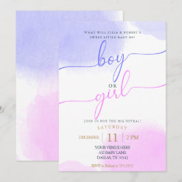 ピンクとブルーの水彩 ゴールドスクリプト 性別発表 招待状