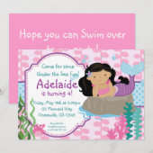 ピンクとブルーの水玉模様の黒髪の人魚の誕生日 招待状 (正面/裏面)