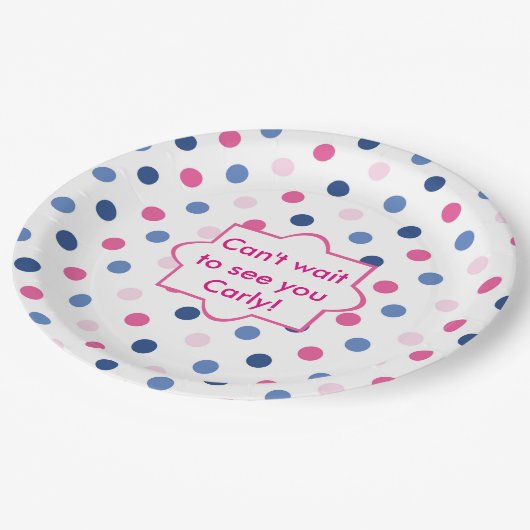 ピンクとブルーの水玉模様赤ちゃんシャワー ペーパープレート (アングル)