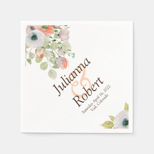 ピンクとブルーの水色のフローラナプキン スタンダードカクテルナプキン (正面)