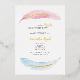 ピンクとブルーの水色のベビーシャワー 箔招待状
