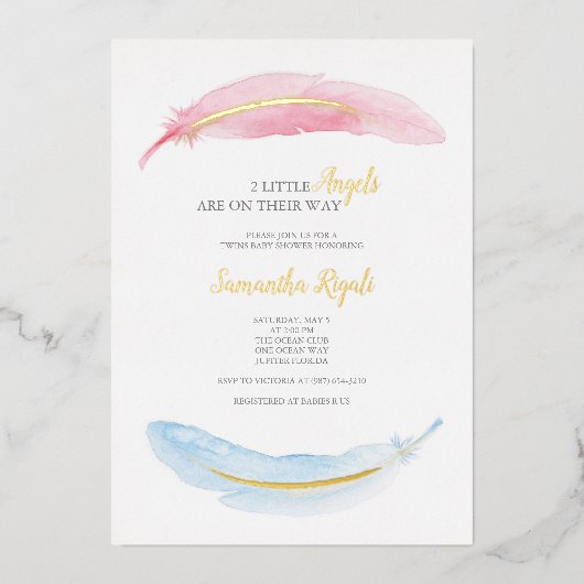 ピンクとブルーの水色のベビーシャワー 箔招待状 (正面)
