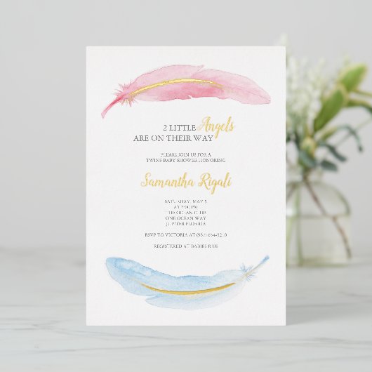 ピンクとブルーの水色のベビーシャワー 箔招待状 (立ち正面)