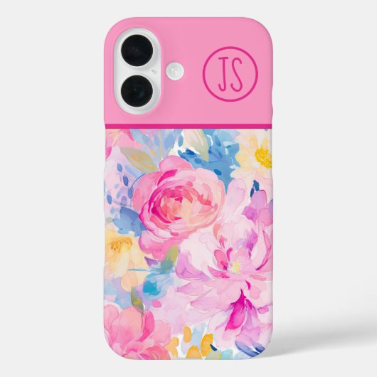 ピンクとブルーの水色の花モノグラムの Case-Mate iPhoneケース (裏面)