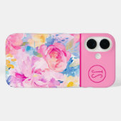ピンクとブルーの水色の花モノグラムの Case-Mate iPhoneケース (裏面 (横))