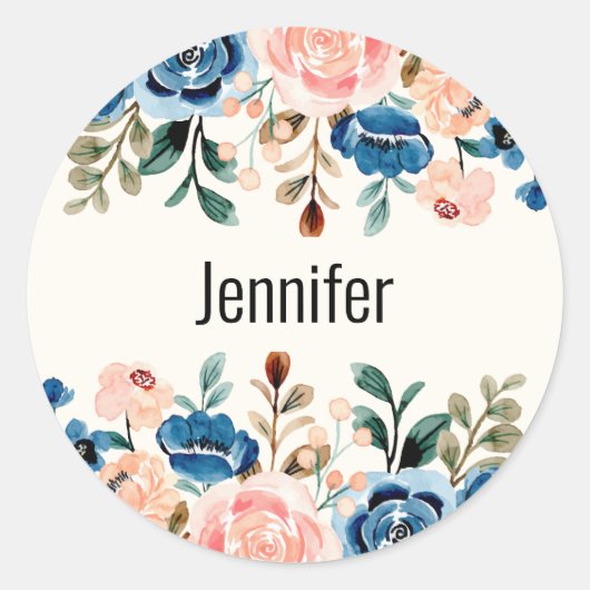 ピンクとブルーの水色の花縁ど ラウンドシール (正面)
