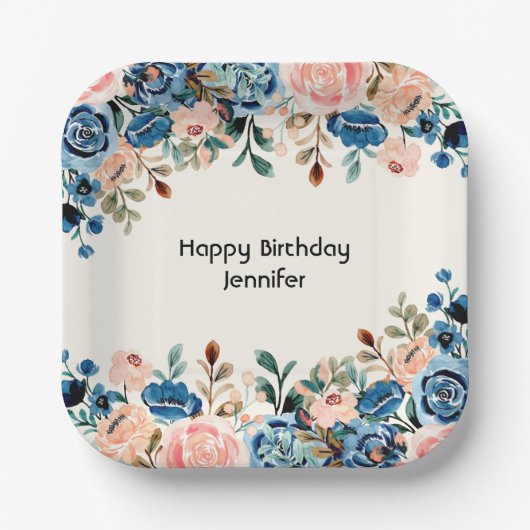 ピンクとブルーの水色の花 ペーパープレート (正面)