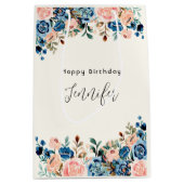 ピンクとブルーの水色の花 ミディアムペーパーバッグ (正面)