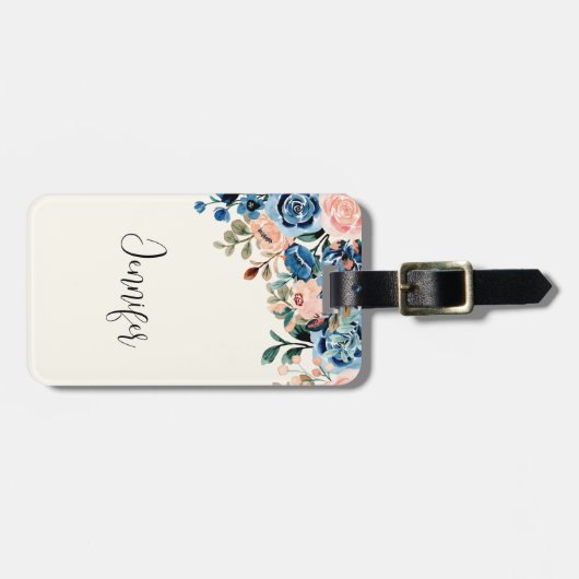 ピンクとブルーの水色の花 ラゲッジタグ (正面横)