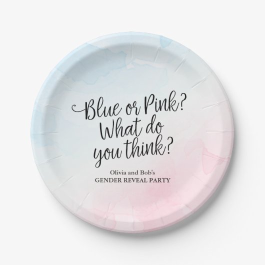 ピンクとブルーの水色ジェンダーが赤ちゃんのシャワーを明らかにする ペーパープレート (正面)