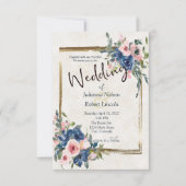 ピンクとブルーの水色フローラと金ゴールドフレーム 招待状 (正面)