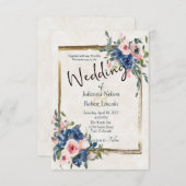 ピンクとブルーの水色フローラと金ゴールドフレーム 招待状 (正面/裏面)