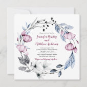 ピンクとブルーの水色フローラリース結婚の | 招待状 (正面)