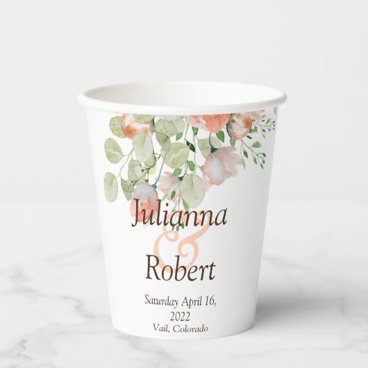 ピンクとブルーの水色フローラ結婚の紙銅 紙コップ (正面)