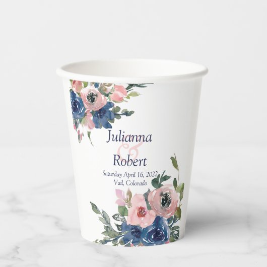 ピンクとブルーの水色フローラ結婚の紙銅 紙コップ (正面)