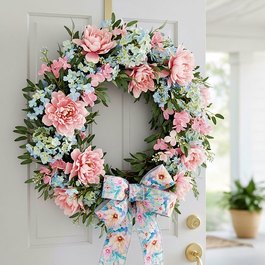 ピンクとブルーの水色フローラ サテンリボン