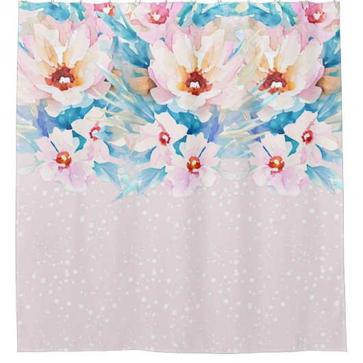 ピンクとブルーの水色フローラ シャワーカーテン (正面)