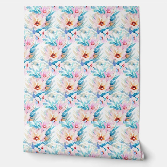 ピンクとブルーの水色フローラ 壁紙 (ほどく)