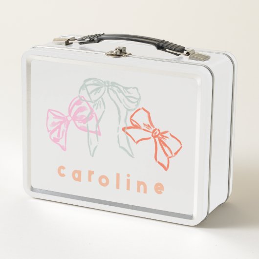 ピンクとブルーの水色リボン結び付き弓 メタルランチボックス (正面)