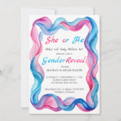ピンクとブルーの波状のリボンの性別を明かす 招待状 (正面)