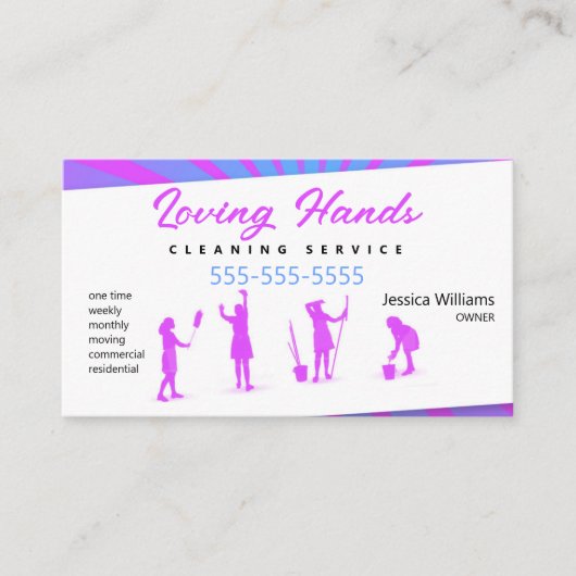ピンクとブルーの清掃サービスの名刺 名刺 (正面)
