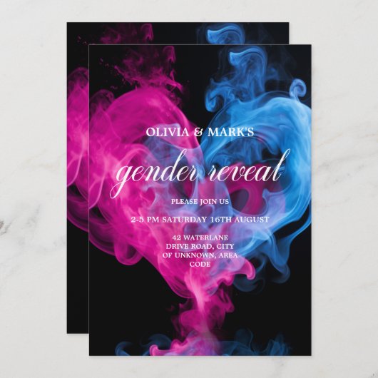 ピンクとブルーの煙の愛ハート性発現 招待状 (正面/裏面)