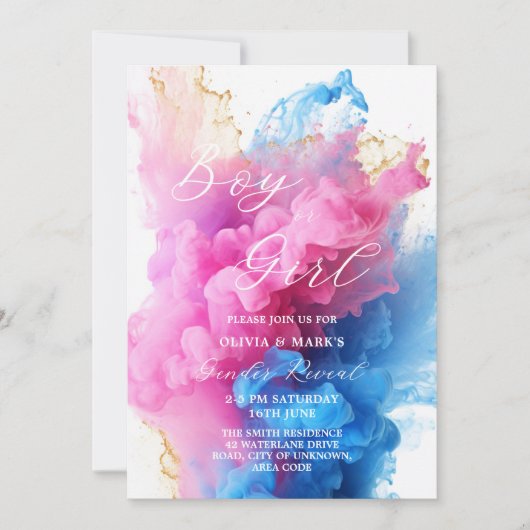 ピンクとブルーの煙をテーマにしたベビージェンダーの発表 招待状 (正面)