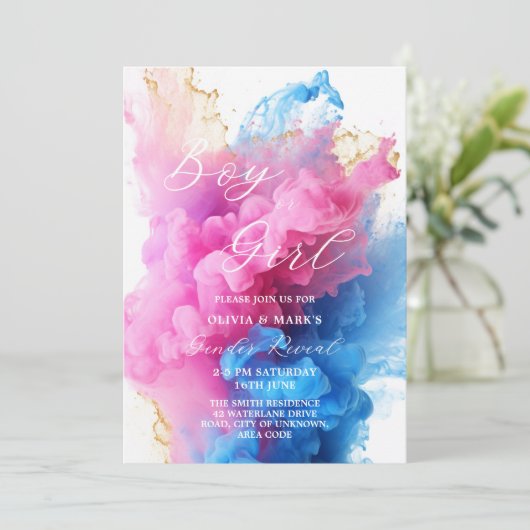 ピンクとブルーの煙をテーマにしたベビージェンダーの発表 招待状 (スタンド正面)