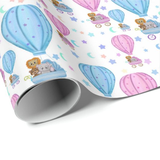 ピンクとブルーの熱気球かわいい動物 ラッピングペーパー (ロールコーナー)