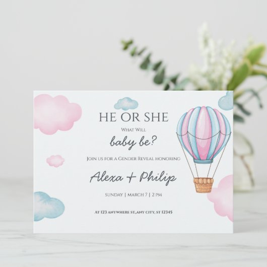 ピンクとブルーの熱気球ジェンダーがパーティー 招待状 (スタンド正面)