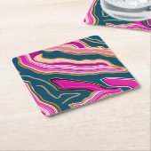 ピンクとブルーの瑪瑙パターン スクエアペーパーコースター (アングル)