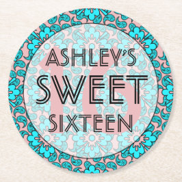 ピンクとブルーの甘い16誕生日パーティコースター ラウンドペーパーコースター