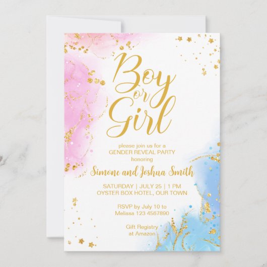 ピンクとブルーの男の子または女の子の金ゴールド性別が明らかになる 招待状 (正面)