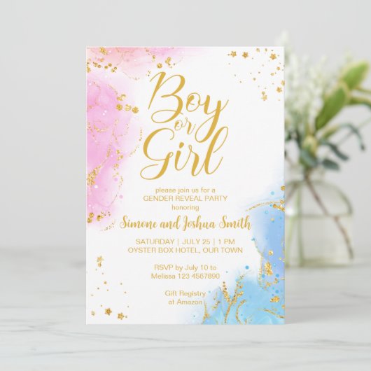 ピンクとブルーの男の子または女の子の金ゴールド性別が明らかになる 招待状 (スタンド正面)