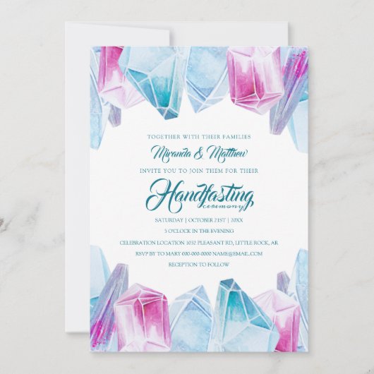 ピンクとブルーの神秘的な結晶の宝石ハンドスティング 招待状 (正面)