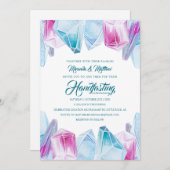 ピンクとブルーの神秘的な結晶の宝石ハンドスティング 招待状 (正面/裏面)