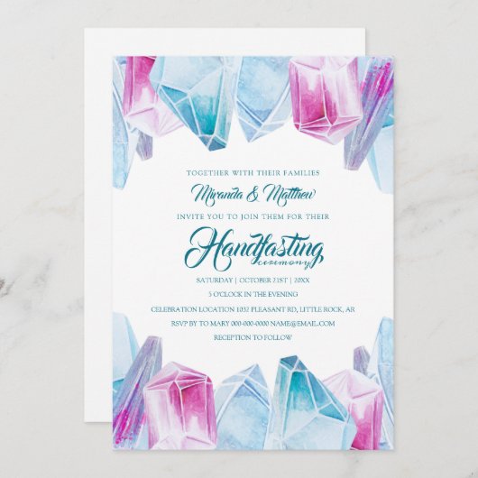 ピンクとブルーの神秘的な結晶の宝石ハンドスティング 招待状 (正面/裏面)