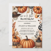 ピンクとブルーの秋の女の子のカボチャの性別発表 招待状 (正面)