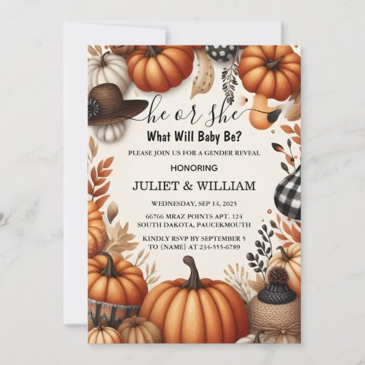 ピンクとブルーの秋の女の子のカボチャの性別発表 招待状 (正面)