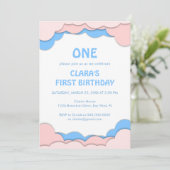 ピンクとブルーの紙カットファースト誕生日 招待状 (スタンド正面)