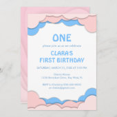 ピンクとブルーの紙カットファースト誕生日 招待状 (正面/裏面)