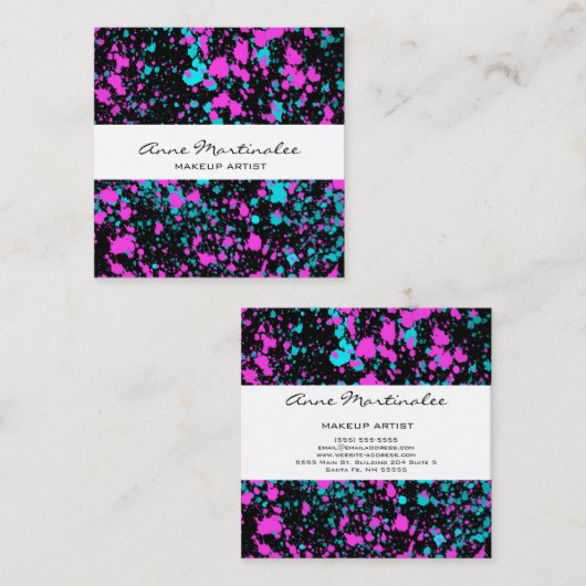 ピンクとブルーの絵を描（ばちゃばちゃ）跳ねるオンブラック  スクエア名刺 (正面/裏面)