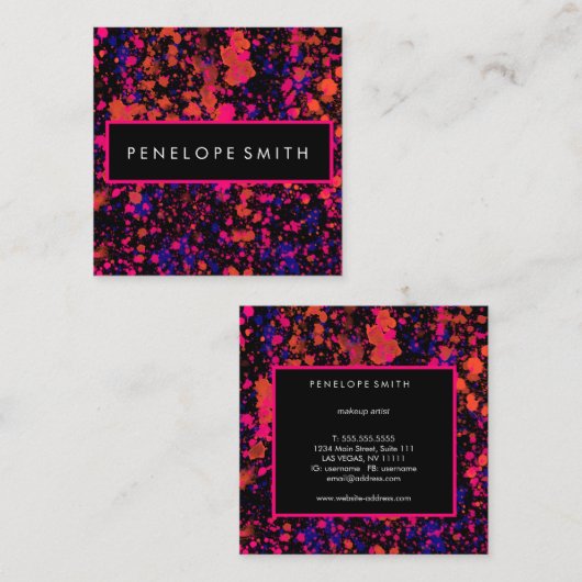 ピンクとブルーの絵を描(ばちゃばちゃ)跳ねる スクエア名刺 (正面/裏面)