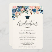ピンクとブルーの縁どフローラと卒業キャップ 招待状 (正面/裏面)