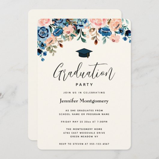ピンクとブルーの縁どフローラと卒業キャップ 招待状 (正面/裏面)