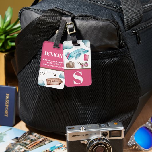 ピンクとブルーの航空旅行をテーマにしたキッズカラーブロック ラゲッジタグ (正面&裏面)