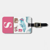 ピンクとブルーの航空旅行をテーマにしたキッズカラーブロック ラゲッジタグ (正面横)